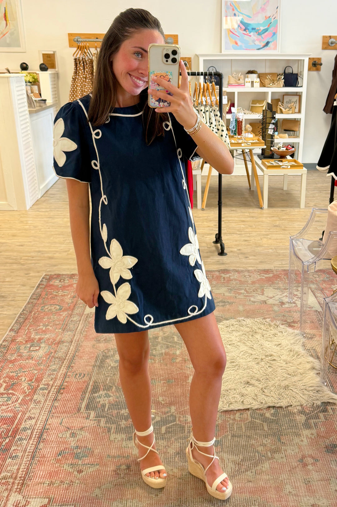 Floral Embroidered Puff Sleeve Mini Dress Navy / L